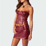Pbong  Summer 2 Piece Set Women Outfit Solid Color PU Leather Off Shoulder Tube Top and Short Skirt Party Suit Streetwear