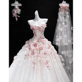 Pbong  White Floral Bustier Wedding Dress Exquisite Embroidery Heavy Embellishment Long Train High Waist Gown for Bride