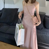 Pbong  Spring Summer New Women's off Shoulder Dress Slimming A-Line Midi Skirt Irregular Pleats Waist Cinched Lightweight  Style