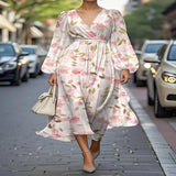 Pbong  Sexy Casual Floral Print Dress High Collar Full Sleeve Knee Length Polyester Fiber Independent Station Cross Border Dress