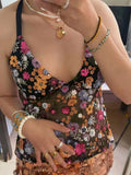 Pbong  Women Flower Sequined Tank Top Halter V Neck Backless Tie-up Camisole Fashion Sexy Club Vest Summer