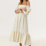 Pbong  Woman Vintage Floral Dress Puff Long Sleeve Off Shoulder Ruffle Long Dress Spring Fall Casual Vintage Bohemian Dresses