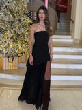 2025 Summer Women Fashion Strapless Dress With Ribbon Patchwork Elegant Sleeveless Mesh Split Dress Vacation Beach Long Dresses