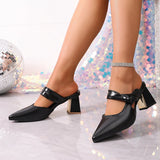 Pbong  Black Pointed Toe High Heel Mules, Wide Bow Knot Backless Sandals, Gold Accent Block Heel Dressy Shoes for Women