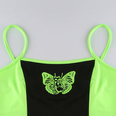 Cyber Gothic Aesthetic 2 Piece Sets Butterfly Print Patchwork Women Camis Punk Fishnet Buckle Crop Shrug Tops