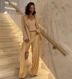 Women's Elegant Silk Sequins Pants, Midi Waist, Loose Long Pants, Classic Trousers, Female Clothing, Fashion, Streetwear,