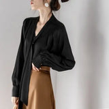 Pbong  Office Lady Casual Blouse Temperament Shirts Women Bow Bandage Chic Long Sleeve Ins Fashion Tops  Elegant Blusas