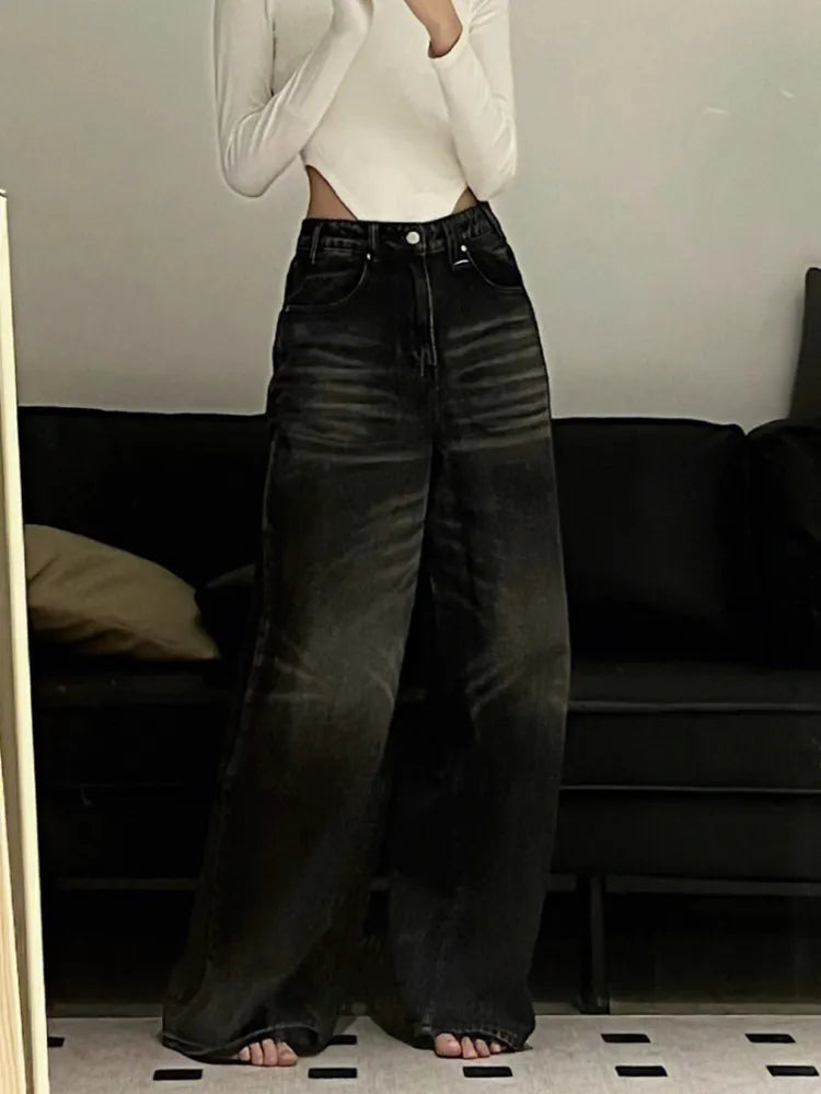 Vintage Black Wide Leg Jeans Women Oversized High Street Korean Fashion Baggy Denim Trousers Grunge Y2k Female Hip Hop