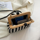 Pbong  Vintage Striped Crossbody Bag, Wooden Frame Kiss Lock Clutch with Adjustable Strap, Retro Casual Shoulder Purse for Women