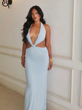 Women Sexy Hollow Out Deep V-neck Long Dress Fashion Solid Pleated Backless Lace-up Maxi Dresses Summer Vocation Beach Vestidos