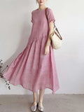 Pbong  Summer New Women's Short Sleeve Linen Dress Comfortable Casual Cotton Linen Midi Skirt Commute Artistic Style Loose Waist