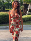 Fashion Red Flower Print Bodycon Long Skirt Set Women Backless Sleeveless Tank Tops High Waist Skirts Sexy Beach Vocation Outfit