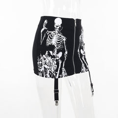 Goth Dark Skull Graphic Mall Gothic Aesthetic Mini Skirts Grunge Punk Low Raise Emo Sexy Skinny Skirt Zip Up Fashion Alt Clothes