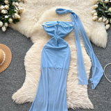 Chic vintage Sexy Strapless mesh sleeveless Fairy Summer  Women Boho Sundress Beach women clothing Long dress