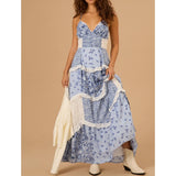 Pbong  Women Summer Boho Lace Trim V-Neck Smocked Adjustable Spaghetti Strap Cross Backless Ruffled Floral A-Line Long Dress