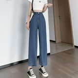 Pbong  Korean Soft Jeans Women Summer Ultra-thin High-waisted Straight Drape Ice Silk Denim Pants Youth Simple Casual Wide-leg Trousers