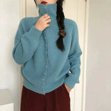 High Neck Button Down Cardigan Women Long Sleeve Knitted Sweater Jacket Cozy Knitwear Teen-girl Fall Winter Basic Chic Knitwear