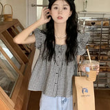 Sweet Plaid Sleeveless Shirt Women French Fashion Chic Preppy Style Tops Summer Casual Loose Patchwork Square Collar Blouse