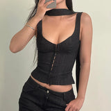 Black Button Up Corset Top Casual Solid Sleeveless Skinny Tank Tops for Women y2k Vintage Clothing Streetwear Basic Vest
