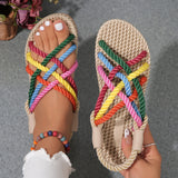 Pbong  Women Rainbow Color Braided Rope Flat Heel Sandals Outdoor Casual Slip On Slides Sandals Woman Plus Size 43 Beach Vacation Shoes