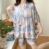 Pbong  Loose Floral Printing Pajama Set Summer New Women Night Wear Pj Set Half Sleeve Knee V-neck Sleepwear Femme Nightie