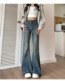 Hong Kong Style Fringe Loose-fit Bootcut Jeans Women's High-waisted Vintage Slimming American Style Bell-bottom Pants