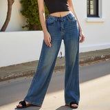 Women's Denim Pants Low Waist Wide Leg Trousers with Pockets Spring Summer Casual Loose Jeans