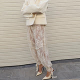 Pbong  See Through Print Women Trousers Beach Lace Patchwork Pleated Lace Up Female Pants Summer Autumn Fashion Lady Bottom New