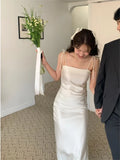 White Satin Elegant Luxury Slip Dress Fashion Solid Color Slit Slim Chic Long Dress 2025 Summer New Wedding Party Female Clothig