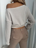 Pbong  Spring new asymmetrical loose casual shoulder striped long sleeved T-shirt top