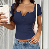 Pbong  Solid Color Casual Slim T-shirts For Women Summer Y2K Women's T-shirt Short Sleeve Blouses Tees Fashion Female Tops