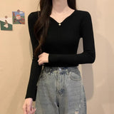 Pbong  French Style Slim Fit V Neck Knitwear Long Sleeve Womens Base Layer Black Sweater Autumn Winter Shirt