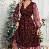 Pbong  Women's Elegant V-neck Slim Fit Solid Color Dress Patchwork Mesh Perspective Powder Spray Party Dress Formal Evening Gown