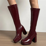 Pbong  Wine Red Patent Boots Boots Women Sexy Square Toe Tube Long Boots Woman Platform Super High Heel Botas Mujer