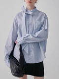 Pbong  Korean Elegant Blouses Striped Lace-up Pockets Long Sleeve Shirts Fashion Loose All Match Tops New Design Women Clothing