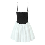Pbong  Sexy Black Spliced White Sling Dress Women Drawstring Ribbon Bow Slash Collar Slim Low Waist Swing Mini Dresses Summer Robe