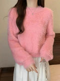 Women's Fuzzy Knitt Top Long Sleeve Mock Neck Fluffy Sweater Pullovers Cozy Plain Jumper Teen-girl Fall Winter Y2K Outfit