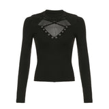 Darkly Punk Cothic Women Long Sleeve T-Shirt Patchwork Chic Fabric Cut Out O-Neck Top Tees Slim Sexy Solid Tops