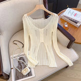 Hollow Out Knitted Cardigan Women Y2K Korean Sexy Streetwear Hole Long Sleeve Sweaters Summer Fashion Thin Irregular Female Tops