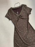 American Vintage Fairt Patchwork Lace V Neck Women Clothing High Street Flower Print Harajuku Dress Spliced Short Dresses