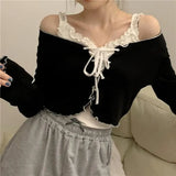 Women Long Sleeve T-shirts Lace-up Cardigan Patchwork Ruffles Trendy Sweet Lovely Crop Tops Sexy Females Coat Leisure Outwear