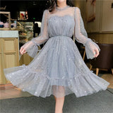New Arrivals Summer Women Lace Dress Sequined Appliques A-line Mesh Patchwork Solid Dress Fairy Long Sleeves Knee-length Dress