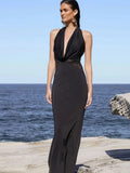 Halter Deep V Neck Sexy Maxi Dress For Women Gown Black Lace Off-shoulder Backless Sleeveless Bodycon Long Dress