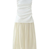 Fashion White Beige Patchwork Strapless Long Dress New Slim Pleat Women Summer Dress Vacation Beach Chic Woman Clothing