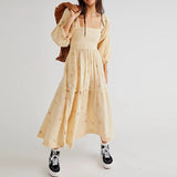 Pbong  Bohemian Floral Dress Women Square Neck Ruffle Swing A Line Maxi Dress Long Sleeve Beach Style Holiday Lady Club Party Dress