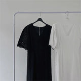 Flower Embroidery V-neck Straight Long Dress White Hollow Out Vacation Short Sleeve Dress Casual Female Clothing 2025 New
