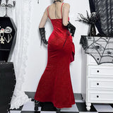 Christmas Red Velevt Dress Women Elegant Mall Goth Fairy Grunge Spaghetti Strap Rose Patchwork Trumpet Dress Partywear