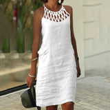 Vintage Dress Cotton Linen Women Clothing Summer Hallow Out Casual Chic Tunic Fashion Oversize Midi White Dresses Vestidos