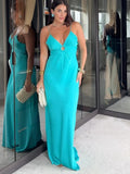 Round Ring Hollowed Out Sling Party Dress Women Blue V-neck Sleeveless Backless Maxi Robes Lady Simple Elegant Formal Dress
