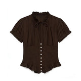 Pbong  Women Ruched Trim Round Collar Tops Fashion Single Breasted Puff Short Sleeve Blouses Female Bow Lace-Up Pleated Elastic Shirts